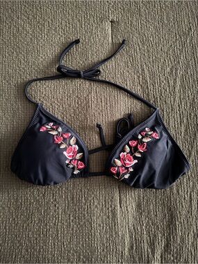 Mossimo Black Bikini Top with Pink Rose Embroidery